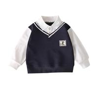 Boys Sweatshirt School Outfits Long Sleeve V Neck Shirt Pullover Fall Clothes Comfortable Casual Polo Collar Fake Two Piece Age 5-12 Years Blue