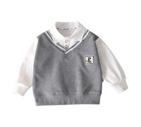 Boys Sweatshirt School Outfits Long Sleeve V Neck Shirt Pullover Fall Clothes Comfortable Casual Polo Collar Fake Two Piece Age 5-12 Years Grey