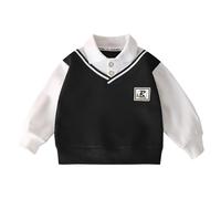Boys Sweatshirt School Outfits Long Sleeve V Neck Shirt Pullover Fall Clothes Comfortable Casual Polo Collar Fake Two Piece Age 5-12 Years Black