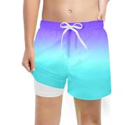 Boys Swim Shorts with Compression Liner 4-Way Stretch Bathing Suit Swimming Shorts 2 in 1 Boys Swim Trunks Quick Dry 5-16 Years Board Shorts Light Blue