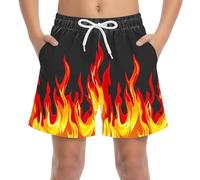 Boys Swim Trunks Shorts, Kids Swimsuits Flame Printed Swimming Bathing Suits Drawstring Quick Dry Board Shorts Wide Leg Baggy Beachwear Pool 4-15 Years