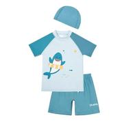 Boys Swimming Costume 2 Piece Swimsuit Chidren Rash Guard T-Shirt Swim Trunk Set with Swimming Cap Cute Cartoon Print Swimwear Toddler Bathing Suit Summer Beach Ages 2-10 Years