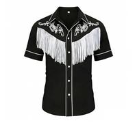 Boys' T Shirts Short Sleeve Tassels Front Button Down Shirt Western Cowboy Vintage Print Costume Lapel Collar Shirts Summer Comfortable Casual Outdoor Play wear Trendy Streetwear,Black,11 Years