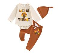 Boys Thanksgiving Comfortable and Breathable Set with Letter Turkey Printed Long Sleeve Pants Casual Three Piece Set Summer Baby Boy Outfits (Khaki, 3-6 Months)