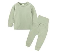 Boy's Thermal Underwear Set, Fleece Lined Kids Base Layer Long Sleeve Soft Top & Bottom Unisex Kids' Solid Long-Sleeve Top and Pants Bottom Set Soft and Comfortable Sweatshirt (Green, 9-12 Months)