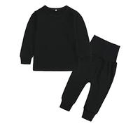 Boy's Thermal Underwear Set, Fleece Lined Kids Base Layer Long Sleeve Soft Top & Bottom Unisex Kids' Solid Long-Sleeve Top and Pants Bottom Set Soft and Comfortable Sweatshirt (Black, 1-2 Years)