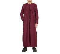 Boy's Thobe Emirati Omani Jubba Islamic Clothing Muslim Kaftan Eid Robe String Tassel - Wine 50