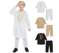 Boys Thobe Kids Muslim Clothing Long Sleeve Kaftan Set East Youth Embroidered Boy's Button-Down Shirts with Pants Jubba Eid Clothes Eid Abaya Islamic Clothing for Ramadan Family Gathering White