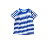Boys Tops Striped Pattern Tshirts Round Neck Cotton Short Sleeve Contrast Trim T-Shirt Kids Loose Fit Comfy Tees Park Playtime Outing Wear Daily Relaxed Fashion 2-10 Years Blue
