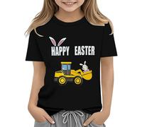 Boys Tractor Happy Bunny Printed Easter Shirts Kids Funny Tshirts Short Sleeve Letter Pattern Toddler Cotton Crew Neck Tees Casual Sports Clothes (Black, 4-5 Years)