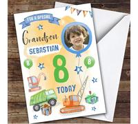 Boy's Truck Construction Digger Photo Grandson 8th Birthday Personalised Card - Personalised Birthday Greeting Card For Kids, Custom Birthday Card