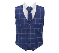 Boys Tweed Single-Breasted Windowpane Check Slim Fit Cotton Blue Waistcoat 3 Piece Retro Tie Formal Smart Casual Set Size 7 Years