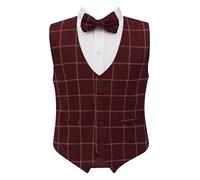 Boys Tweed Single-Breasted Windowpane Check Slim Fit Cotton Maroon Burgundy Waistcoat 3 Piece Retro Bowtie Formal Smart Casual Set Size 8 Years
