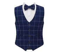 Boys Tweed Single-Breasted Windowpane Check Slim Fit Cotton Navy Blue Waistcoat 3 Piece Retro Bowtie Formal Smart Casual Set Size 9 Years