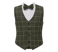 Boys Tweed Single-Breasted Windowpane Check Slim Fit Cotton Sage Green Waistcoat 3 Piece Retro Bowtie Formal Smart Casual Set Size 16 Years