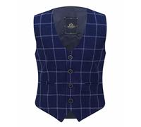 Boys Tweed Windowpane Check Navy Blue Waistcoat Cotton Slim Fit Retro Smart Casual Dress Single Breasted Vest Size 11 Years