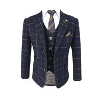 Boys Tweed Windowpane Check Slim Fit Suit, Navy Blue, Formal Wedding Prom, 3 Piece Shelby Set Age 6 Years