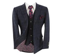 Boys Tweed Wool Windowpane Check Suit Navy Blue Wedding Pageboy Formal 3 Piece Set, Age 10 Year