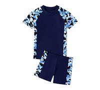Boys Two Piece Swimsuit Set Quickdry Short Sleeve Rash Vest and Board Shorts Kids Breathable Swimwear Age 4 to 14 Summer Beach Bathing Suit for Pool and Holiday (Blue, 5-6 Years)
