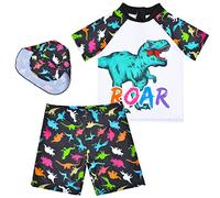 Boys Two Pieces Swimsuit Set Short Sleeve Kids Rash Guard Dinosaur Boys Bathing Suit with Sun Cap for 2-6 Years