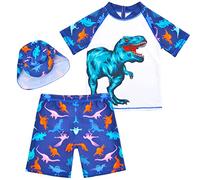 Boys Two Pieces Swimsuit Set Short Sleeve Kids Rash Guard Dinosaur Boys Bathing Suit with Sun Cap for 2-6 Years Blue