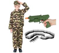 Boys VE Day Army Costume - Medium - Camouflage Jacket and Trousers, Green Toy Machine Gun and Bullet Belt - Kids Army Military Historical Fancy Dress Costume