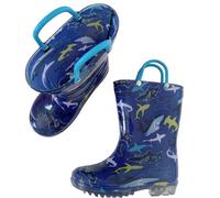Boys Wellies Size 8 Big Kids Blue Cartoon Pattern Wellies Non Slip Wellie with Easy On Handle Wide Fit Waterproof Rain Boots Water Resistant Rubber Shoe Outdoor Play School Gear