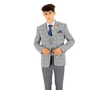 Boys Windowpane Check Blue Grey Slim Fit Suit 3 Piece Set Pageboy Birthday Wedding Dinner Prom Party Age 14 Years