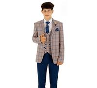 Boys Windowpane Check Peach and Navy Blue Slim Fit Suit 3 Piece Set Pageboy Birthday Wedding Dinner Prom Party Age 9 Years