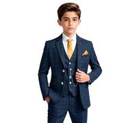 Boys Windowpane Check Suit Tweed Navy Blue 6 Piece Cody Blue, Age 12 Years