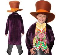 Chocolate Factory Boss Costume For Boys - XLarge - Kids Chocolate Factory Fancy Dress - Purple Coat - Candy Print Waistcoat - Golden Bow Tie - Oversized Hat For World Book Day - Book Week