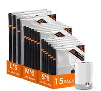 BOYUNSHI Vacuum Storage Bags with Rechargeable Electric Air Pump, 15 Pack Airtight Compression Packing Bags Space Saver for Clothes, Travel, Clothing, Luggage, Suitcase, (3 Large/6 Medium/6 Small)