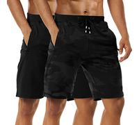 Boyzn 2 Pack Shorts for Men, Summer Casual Cotton Athletic Sports Shorts, Quick Dry Elastic Waist Gym Joggers Shorts, Adjustable Drawstring Workout Running Shorts with Zipper Pockets Black/Camo-L
