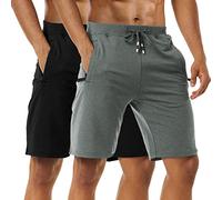 Boyzn 2 Pack Shorts for Men, Summer Casual Cotton Athletic Sports Shorts, Quick Dry Elastic Waist Gym Joggers Shorts, Adjustable Drawstring Workout Running Shorts with Zipper Pockets Black/Dark Grey-M