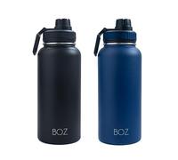 BOZ Stainless Steel 2 Pack Bundle - Blue + Black Insulated 1L Wide Mouth BPA Free Metal Water Bottles for Gym with Spout Lid