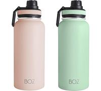 BOZ Stainless Steel 2 Pack Bundle - Pink & Green Insulated 1L Wide Mouth BPA Free Metal Water Bottles for Gym with Spout Lid