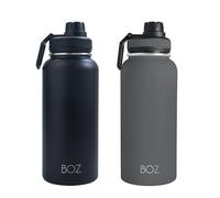 BOZ Stainless Steel Water Bottles 2 Pack Bundle - Grey + Black Insulated 1L Wide Mouth BPA Free Metal Bottles for Gym with Spout Lid
