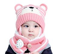 Bozaap Winter Baby Hats,Toddler Winter Warm Scarf Hat Neck Warmer Cute Knitted Hat Scarf Set Baby Earflap Beanie Hat with Scarf (Pink)