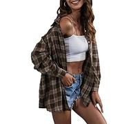 Bozanly Womens Flannel Plaid Shirt Oversized Lapel Collar Long Sleeve Button Down Shirt Blouse Tops, Brown, Small