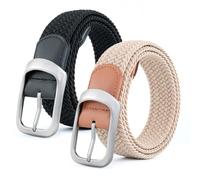 BOZEVON 2 PCS Braided Stretchy Belt for Men - Breathable Stretch Woven Belt Unisex Men Women Braided Elasticated Belt Casual Adjustable Waist Belts (Black Silver + Beige)