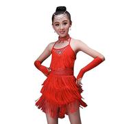 BOZEVON Kids Girls Performance Ballroom Costume Sequin Salsa Tango Tassel Latin Dance Dress Red