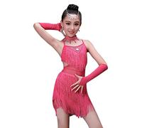 BOZEVON Kids Girls Performance Ballroom Costume Sequin Salsa Tango Tassel Latin Dance Dress Rose Red