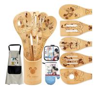 BOZICRE 9PCS Mouse Wooden Spoons for Cooking-Mickey Bamboo Kitchen Utensils Set with Apron Oven Mitt Potholder Set-Housewarming Birthday Gifts Anniversary Present for Women-3d Engraved Patterns.