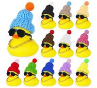 BOZILY 12pcs Jeeper Ducks for Ducking, Knitted Hat Ducks, Car Dashboard Rubber Ducks with Squeak Sound, Cute Rubber Ducks with Knit Hat, Gold Necklace, Sunglasses, Double-Sided Tape
