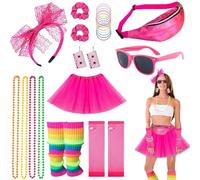 BOZILY 26pcs 80s Fancy Dress for Women,Neon Clothes Costume Set with Lace Bow Headband,Sunglasses,Hair Scrunchies,Necklace,Earring,Tutu Skirt,Leg Warmers,Fishnet Gloves,Waist Packs (Pink)