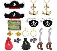 BOZILY Pirate Costume Accessories Set,15pcs Costume with Hat and Eye Patch,Earrings,Pirate Necklace, Sword,Skull Ring,Treasure Map,Money Bag.Halloween Toy Set