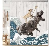 Boziqr Funny Dog Shower Curtain, Japanese Ocean Wave Dinosaur Rustic Barn Door Decor Fabric Bathroom Curtains Set, Cute Animal Kids Polyester Fabric Waterproof, 70 X 70 Inches