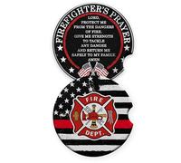 Bozspacer Firefighter Car Coasters Set of 2 - Firefighter's Prayer Ceramic Cup Holder Coaster - Thin Red Line Fire Dept Gift for Fire Rescue First Responder Appreciation Birthday Christmas