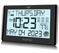 BOZYBO Digital Clock with 6 Alarm Clocks: Atomic Clock with Indoor Temperature Self Time Correction Clock with Day and Date for Elderly Adjustable Brightness Wall Clock or Desk Clock for Bedroom