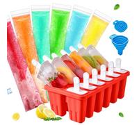 BPA-free Reusable Silicone Ice Cream popsicles molds kit with sticks, Funnel and 100 Packs disposable plastic sealable ice Pop molds maker bags，Easy to Use (Red, 12 cavity)